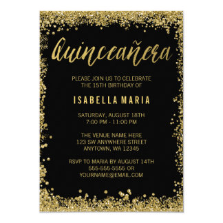 Black Gold Faux Glitter Quinceanera 15th Birthday Card