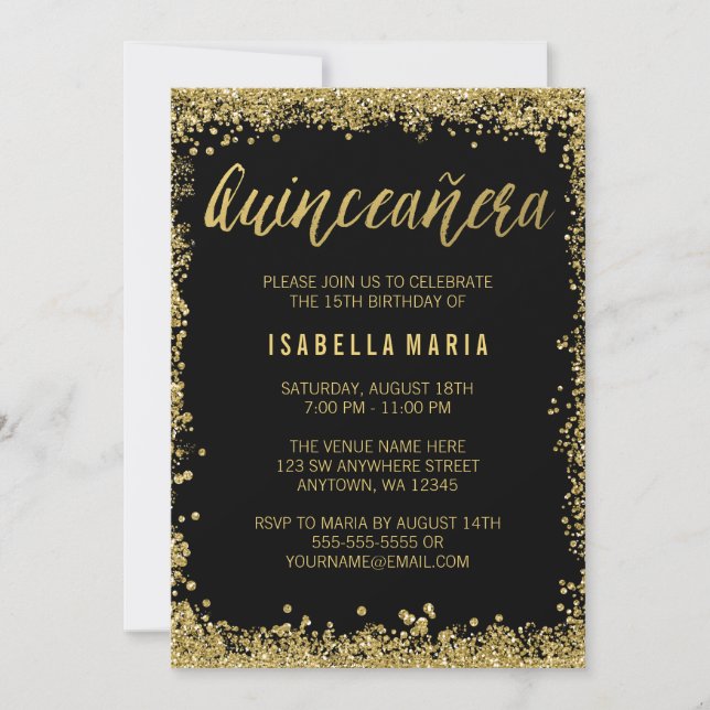 Black Gold Faux Glitter Quinceanera 15th Birthday Invitation (Front)