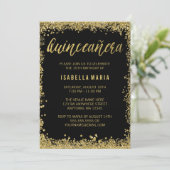 Black Gold Faux Glitter Quinceanera 15th Birthday Invitation (Standing Front)