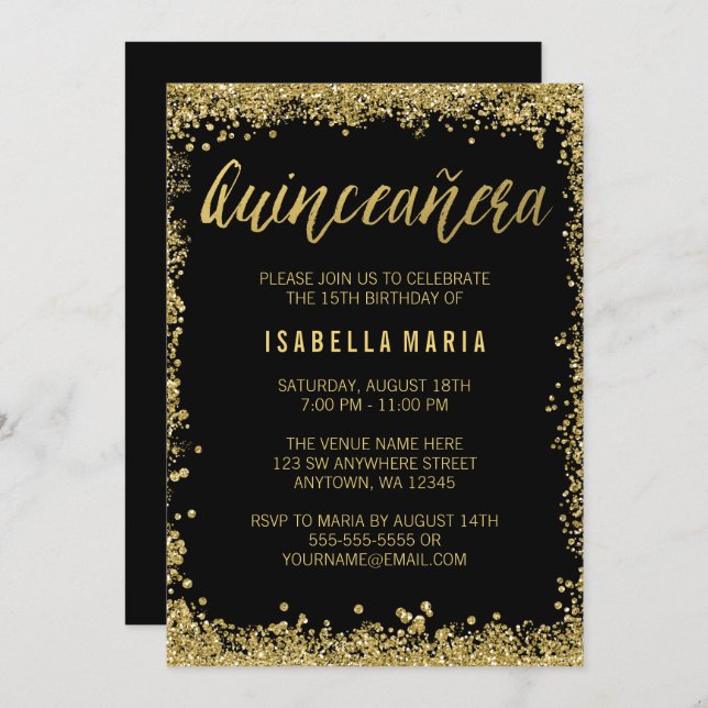 Black Gold Faux Glitter Quinceanera 15th Birthday Invitation (Front/Back)