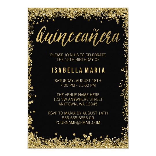 black gold faux glitter quinceanera 15th birthday invitation