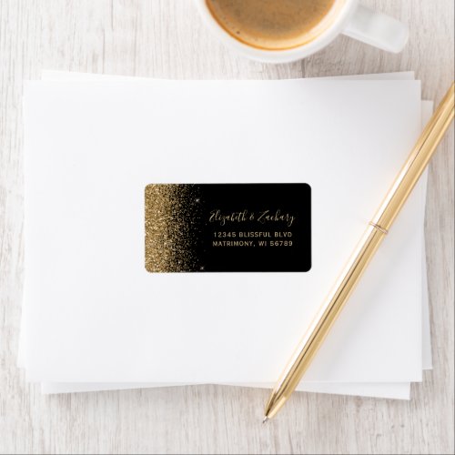 Black Gold Faux Glitter Wedding RSVP Self_Address Label