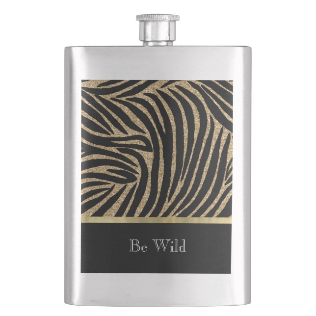 Black Gold Faux Glitter Zebra   Flask (Front)