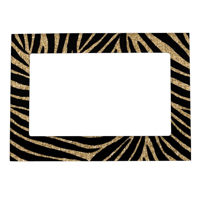 Black Gold Faux Glitter Zebra Print Magnetic Photo Frame (Front)