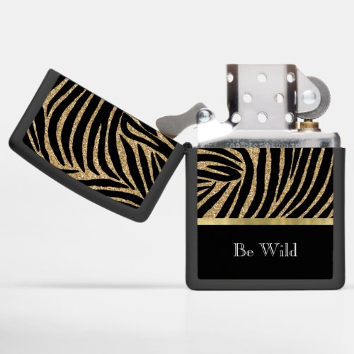 Black Gold Faux Glitter Zebra Zippo Lighter