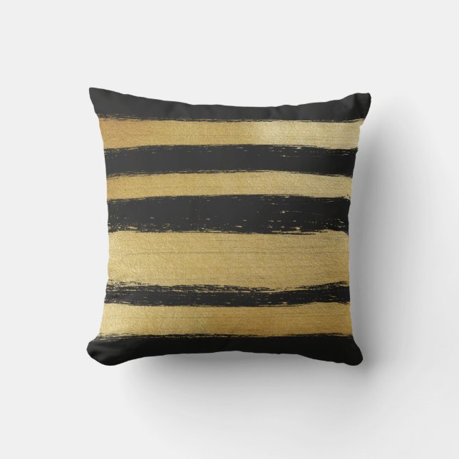 Black gold faux leaf modern brushstrokes stripes outdoor pillow (Front)