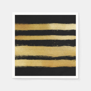 Black gold faux leaf modern brushstrokes stripes paper napkins