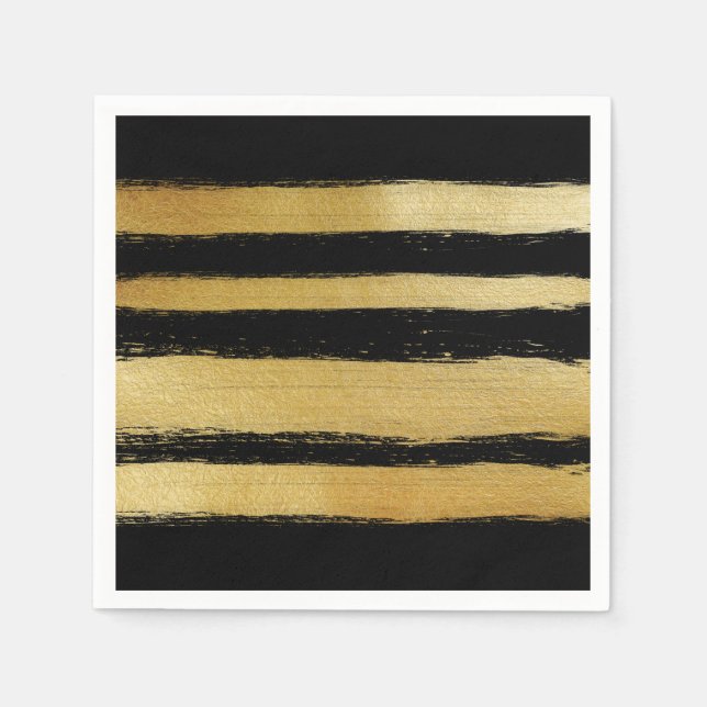 Black gold faux leaf modern brushstrokes stripes paper napkins (Front)