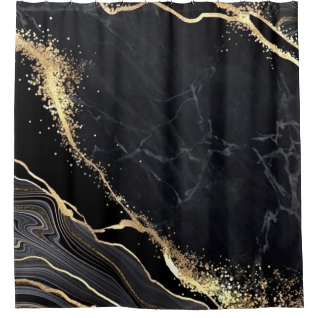 Black Gold Faux Marble Pretty Elegant Luxury Shower Curtain (Front)
