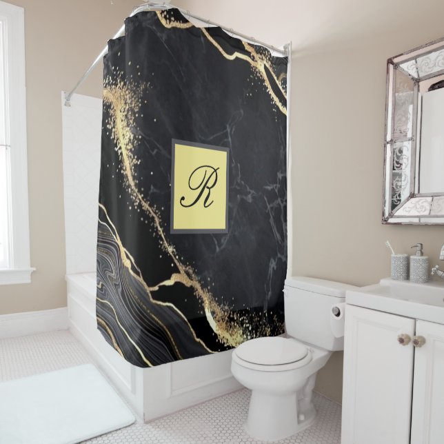 Black Gold Faux Marble Pretty Elegant Monogram Shower Curtain (In Situ)