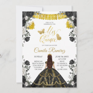 Black & Gold Fiesta Butterfly Mis XV Anos Invitation