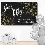 Black Gold Fifty 50th Birthday Banner<br><div class="desc">Fifty Black Gold 50th Birthday Party Banner: Make a statement at your event with this stylish 50th birthday banner. Featuring a sophisticated black background adorned with gold flowers, this banner combines classic serif fonts and script typography in white to create a chic look. The text can be personalized to highlight...</div>