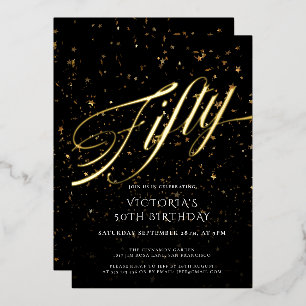 Black Gold Fifty Elegant Confetti 50th Birthday Foil Invitation