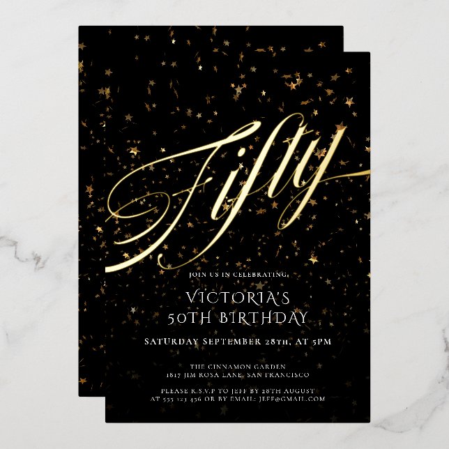 Black Gold Fifty Elegant Confetti 50th Birthday Foil Invitation (Front/Back)
