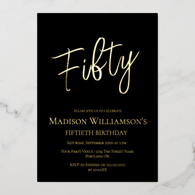 Black & Gold Fifty Minimal 50th Birthday Party   Foil Invitation (Front)