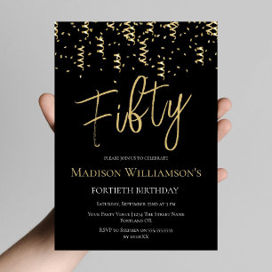 Black & Gold Fifty Minimal 50th Birthday Party Invitation