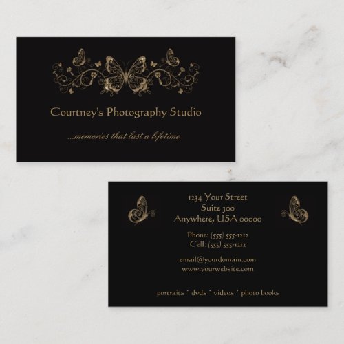Black Gold Filigree Butterflies Business Cards