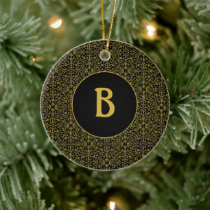 Black & Gold Filigree Monogram Personalized Ceramic Ornament