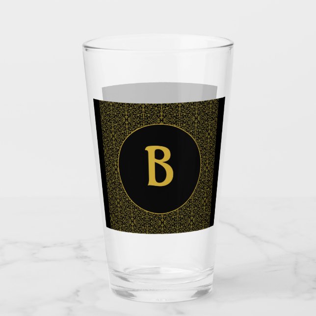 Black & Gold Filigree Monogram Personalized Glass (Front)