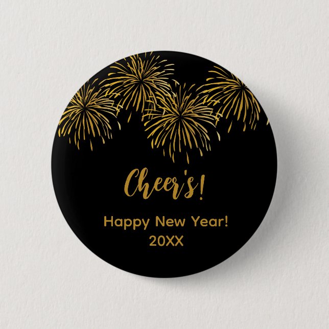 Black Gold Fireworks Happy New Year Party   Button (Front)