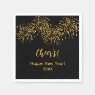 Black Gold Fireworks Happy New Year Party Napkins