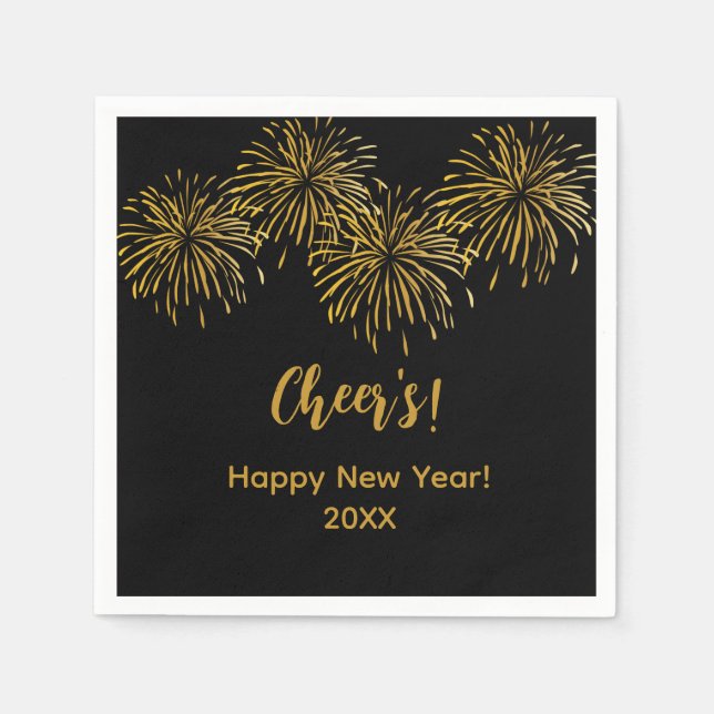Black Gold Fireworks Happy New Year Party  Napkins (Front)