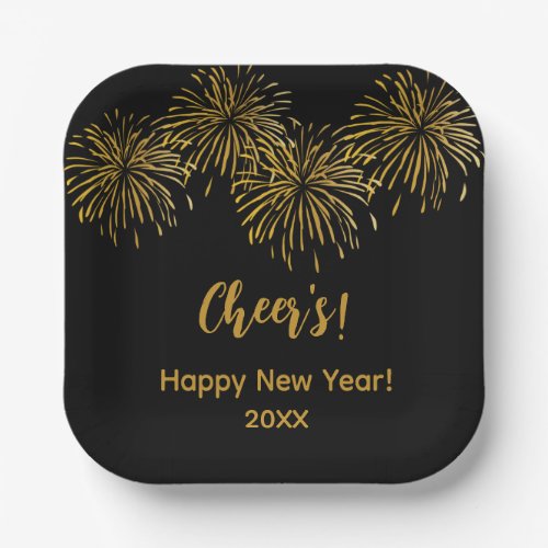 Black Gold Fireworks Happy New Year Party  Paper Plates