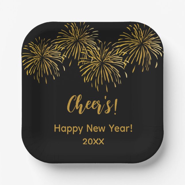 Black Gold Fireworks Happy New Year Party  Paper Plates (Front)