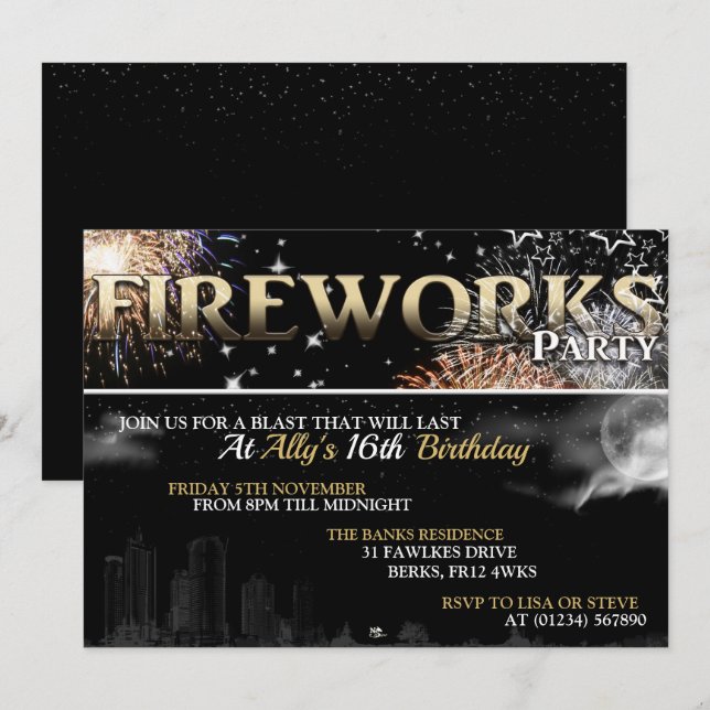 Black & Gold Fireworks Party Invitations (Front/Back)