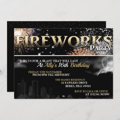 Black  Gold Fireworks Party Invitations