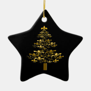 Black Gold Fleur de Lis Christmas Tree Star Ceramic Ornament