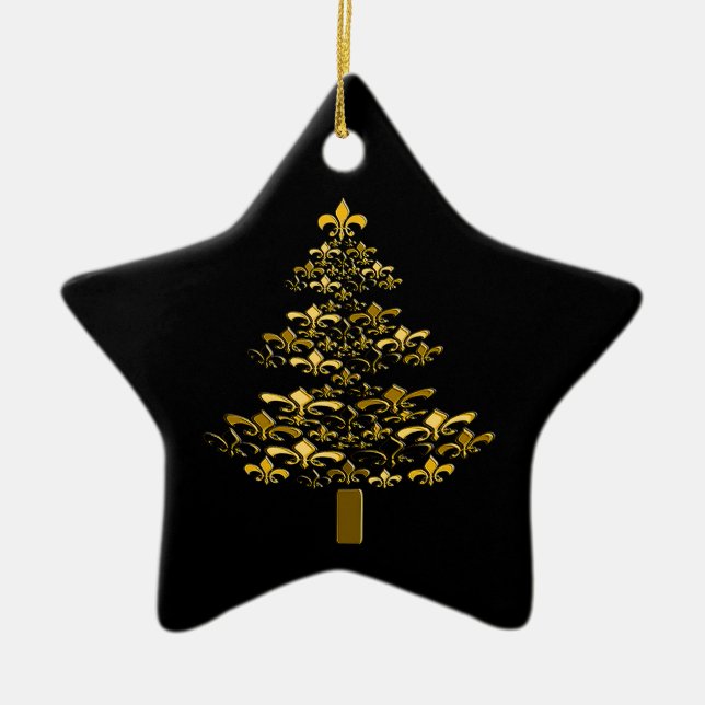 Black Gold Fleur de Lis Christmas Tree Star Ceramic Ornament (Front)
