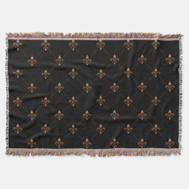 Black Gold Fleur De Lis Elegant Luxury Pattern Throw Blanket (Front)