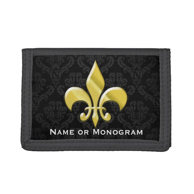 Black/Gold Fleur de Lis Leather Monogrammed Tri-fold Wallet (Front)