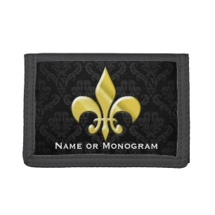 Black/Gold Fleur de Lis Leather Monogrammed Trifold Wallet