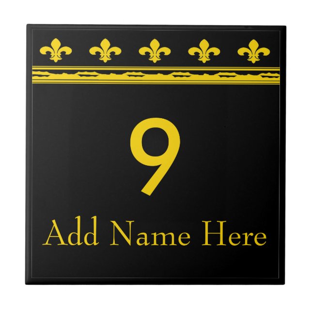 Black & Gold Fleur De Lis  Letters & Numbers Ceramic Tile (Front)