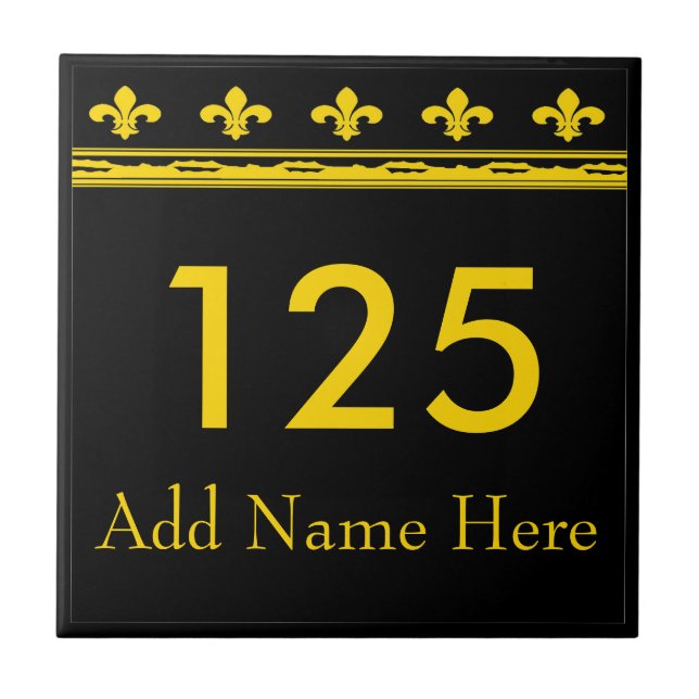 Black & Gold Fleur De Lis  Letters & Numbers Ceramic Tile (Front)