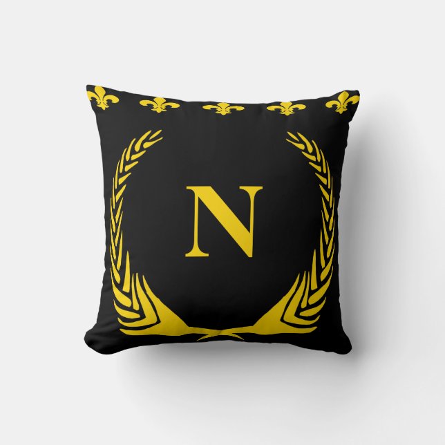 Black & Gold Fleur De Lis  Letters & Numbers Throw Pillow (Front)