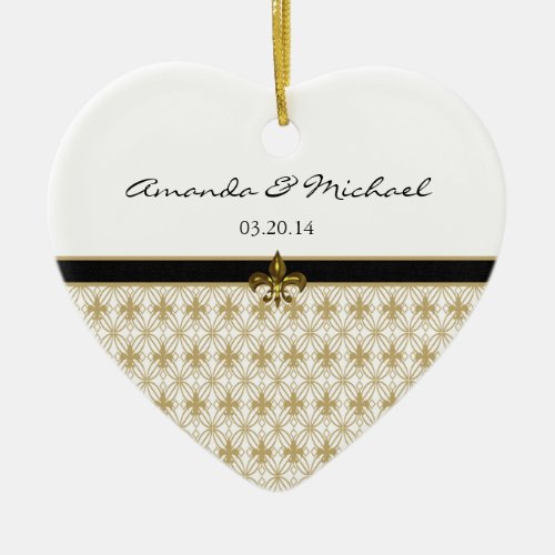 Black Gold Fleur de Lis Pattern Wedding Ceramic Ornament