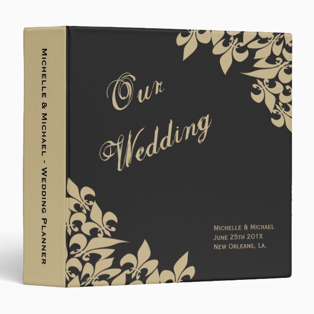 Black Gold Fleur de Lis Pattern Wedding Planner Binder (Front/Spine)