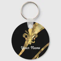 Personalized Gold Fleur de Lis Quatrefoil Pattern Keychain