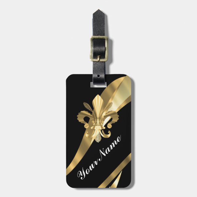 Black & gold fleur de lys luggage tag (Front Vertical)