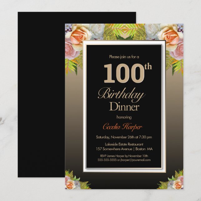 Black Gold Floral 100th Birthday Dinner Invitation (Front/Back)