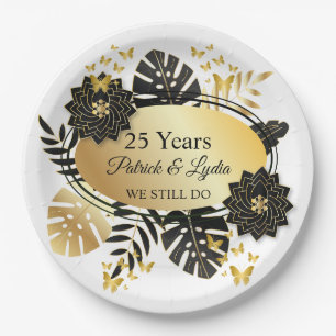 Black & Gold Floral 25th Anniversary - WE STILL DO Paper Plates