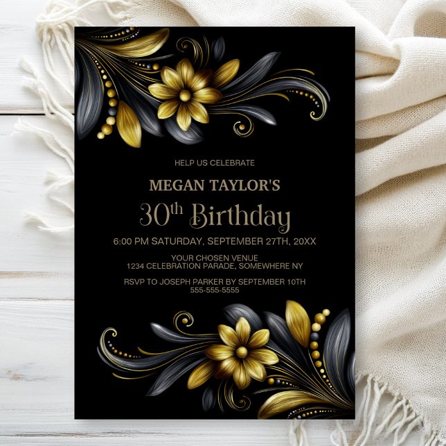 Black Gold Floral 30th Birthday Party Invitation (Creator Uploaded)