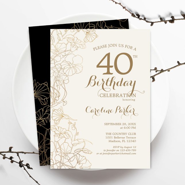 Black Gold Floral 40th Birthday Party Invitation (Creator Uploaded)