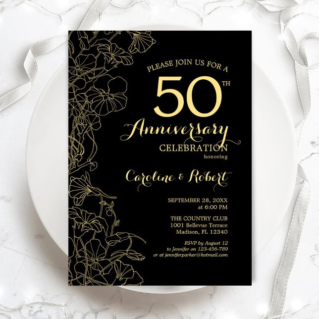 Black Gold Floral 50th Anniversary Invitation (Creator Uploaded)