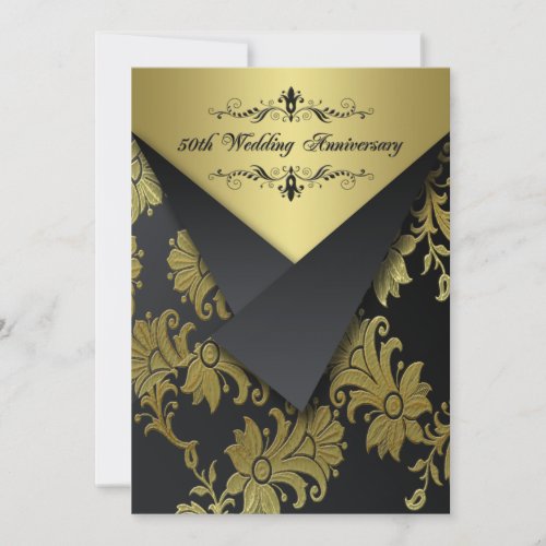 Black, Gold Floral 50th Anniversary Invitation 2