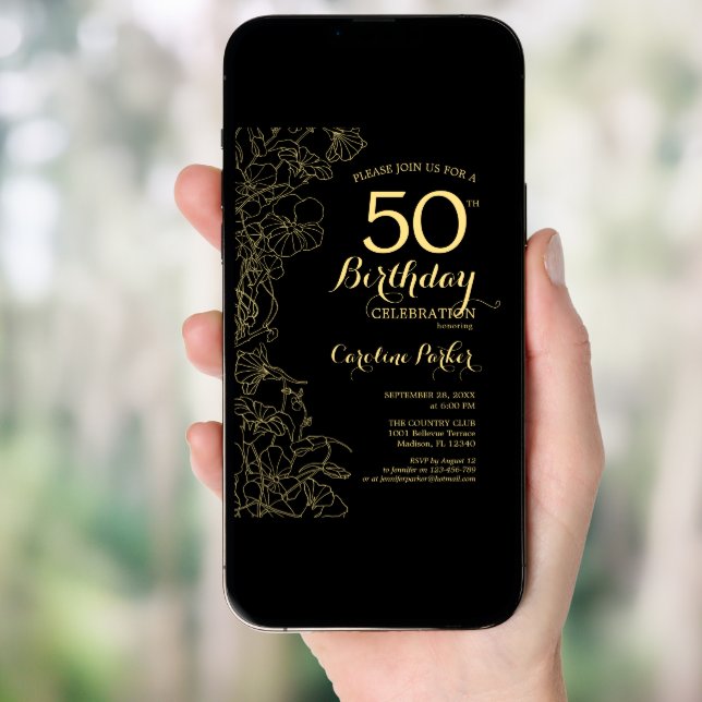 Black Gold Floral 50th Birthday Party Invitation (Front Digital)