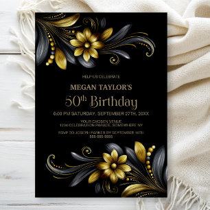 Black Gold Floral 50th Birthday Party Invitation